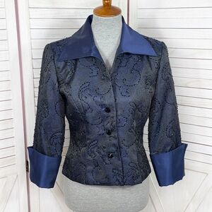 JS Collections Beaded Paisley Brocade Evening Formal Blazer Jacket Blue Black 6